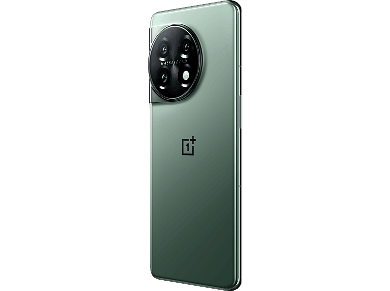 Ein grünes Smartphone mit großem Kameramodul. Schwarzer Hintergrund, Seitenansicht.