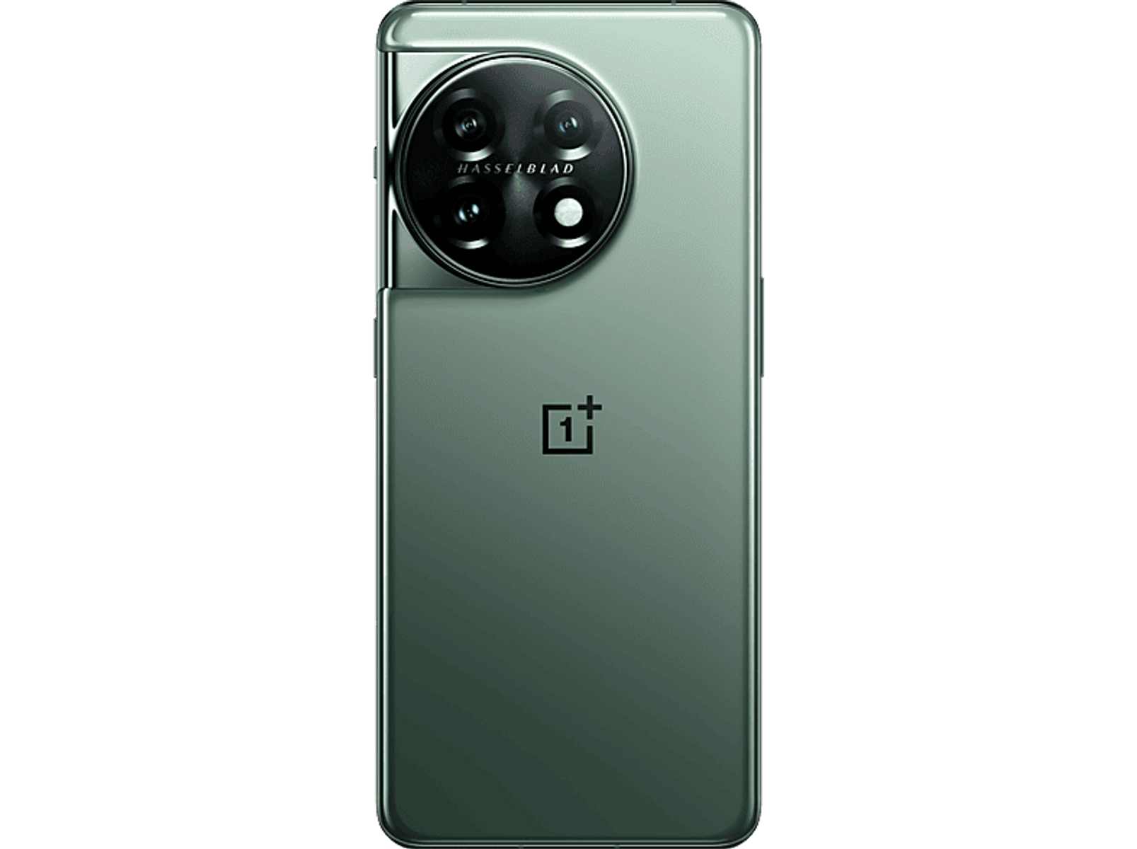 Grüne Oneplus-Telefonrückseite mit Hasselblad-Kameras und einem Plus-Symbol. Schwarzer Hintergrund.