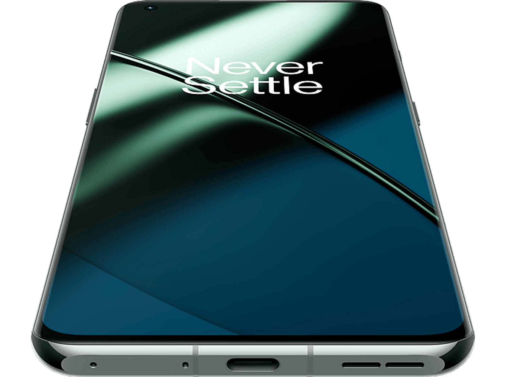 Schwarzes OnePlus-Telefon mit Never Settle-Text.