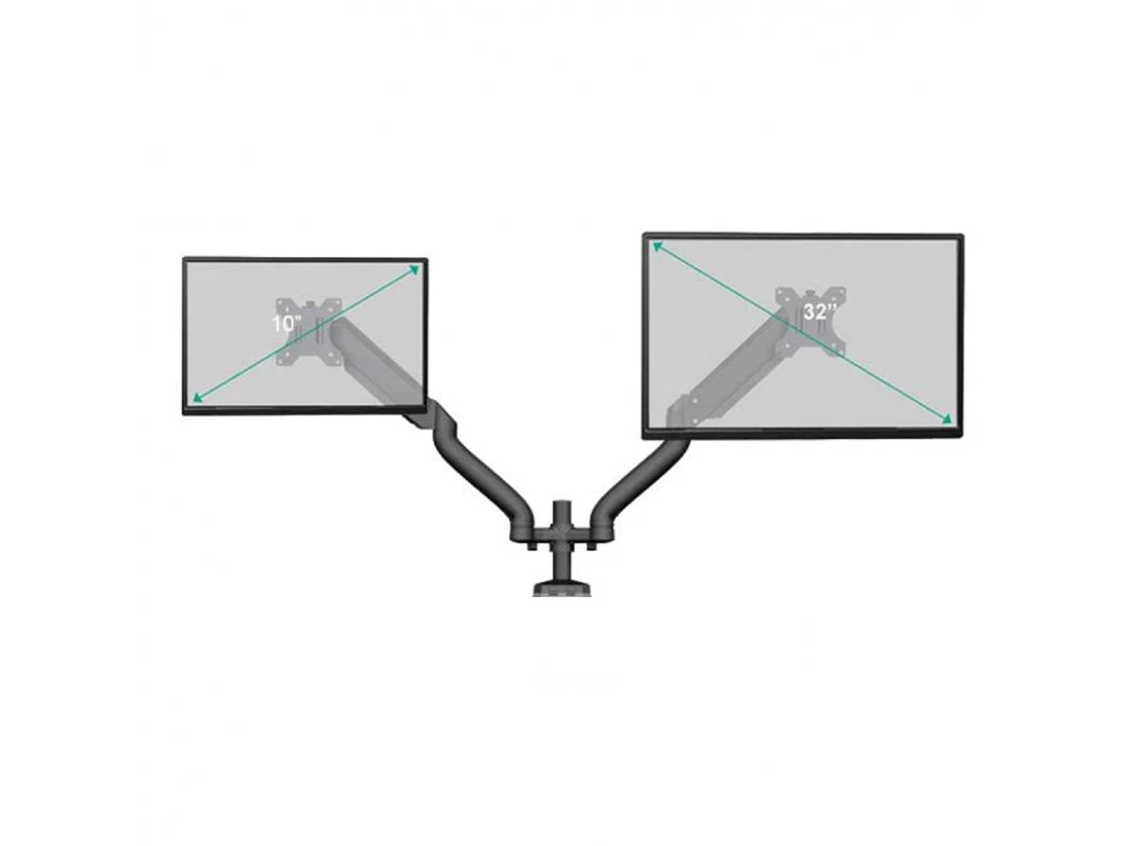 Dubbele monitoropstelling met scharnierende armen. Eén monitor is 10", de andere 32".