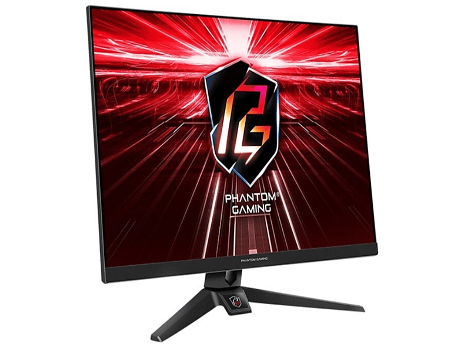 Czarny monitor do gier z czerwonym tłem. Logo 'Phantom Gaming' na ekranie.