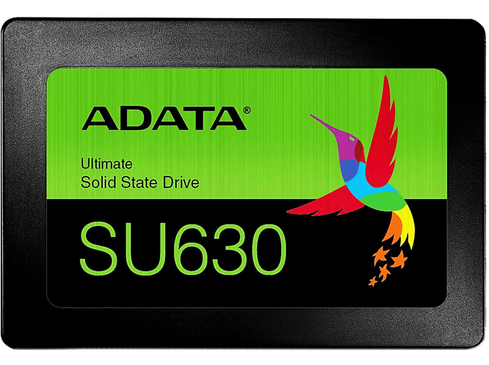 Dysk SSD ADATA, czarna ramka, zielona etykieta z logo kolibra. Tekst: Ultimate Solid State Drive, SU630.