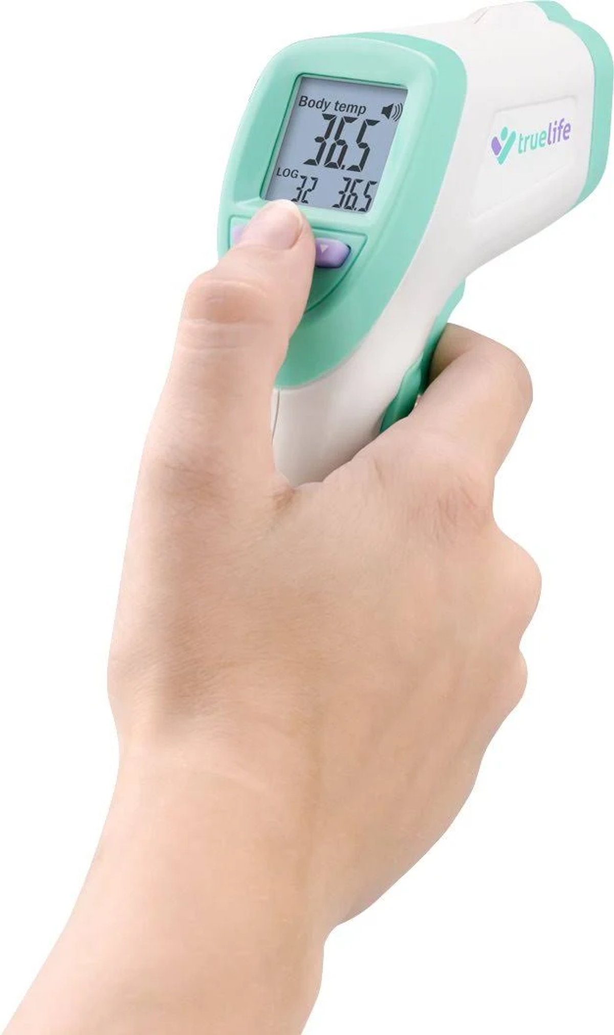 Die Hand einer Person hält ein weißes und grünes Thermometer mit digitaler Anzeige, die eine Temperatur anzeigt.