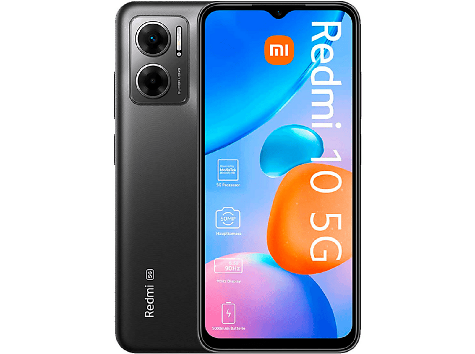 Czarny smartfon, Redmi 10 5G na wyświetlaczu. Podwójne kamery, pomarańczowa i niebieska grafika.