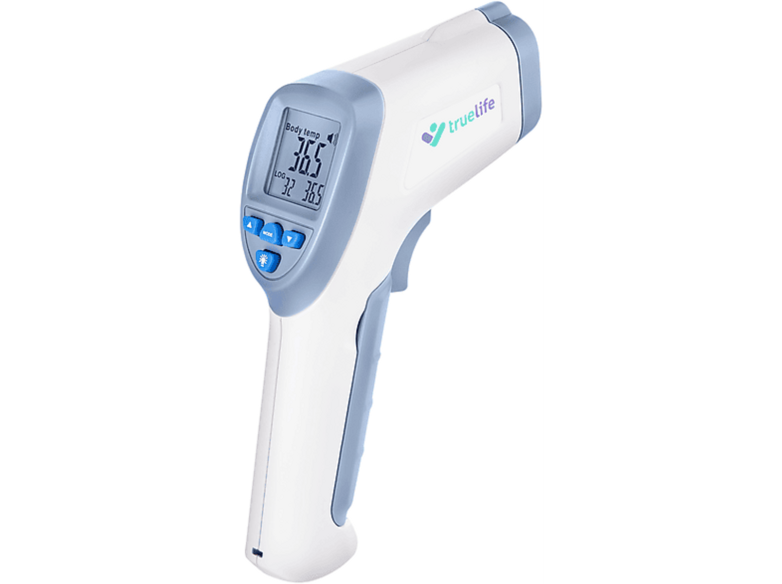 Weißes und graues digitales Thermometer mit Bildschirm und Knöpfen. Marke 'truelife'.