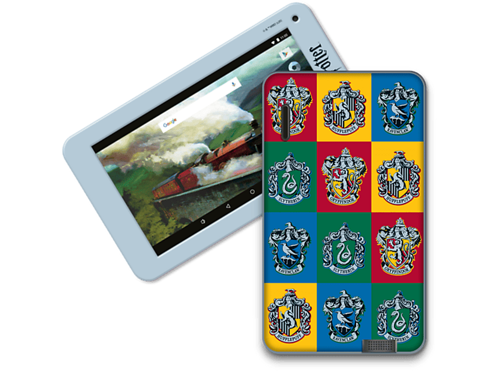 Un tablet bianco e una custodia per telefono con gli stemmi delle case di Harry Potter.