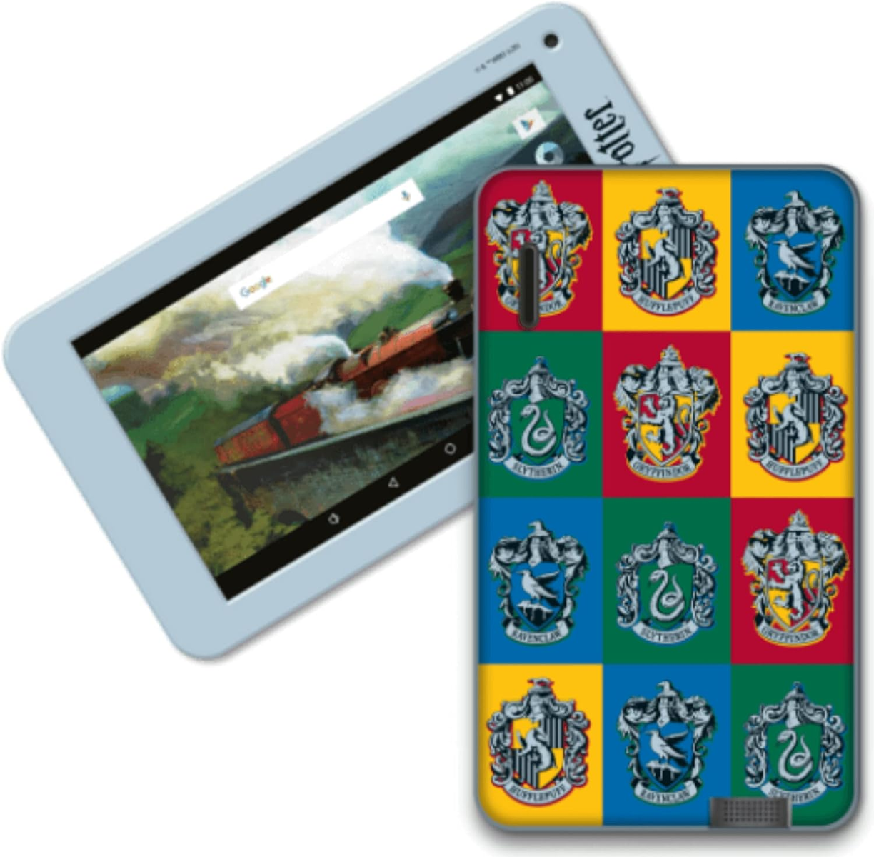 Tablet e custodia con design di Harry Potter, che mostrano una scena del treno e gli stemmi delle case.