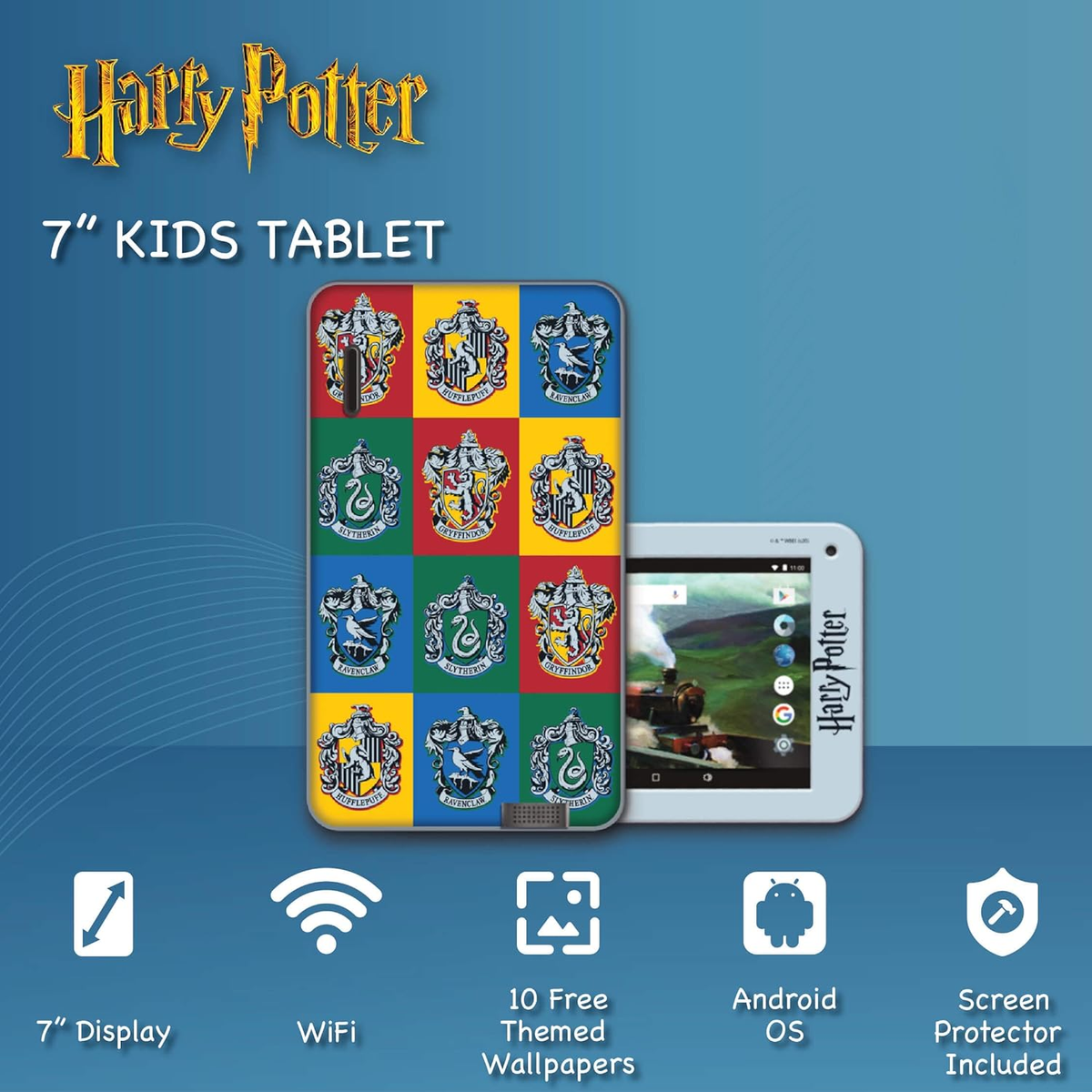 Tablet per bambini di Harry Potter con icone e testo su sfondo blu.
