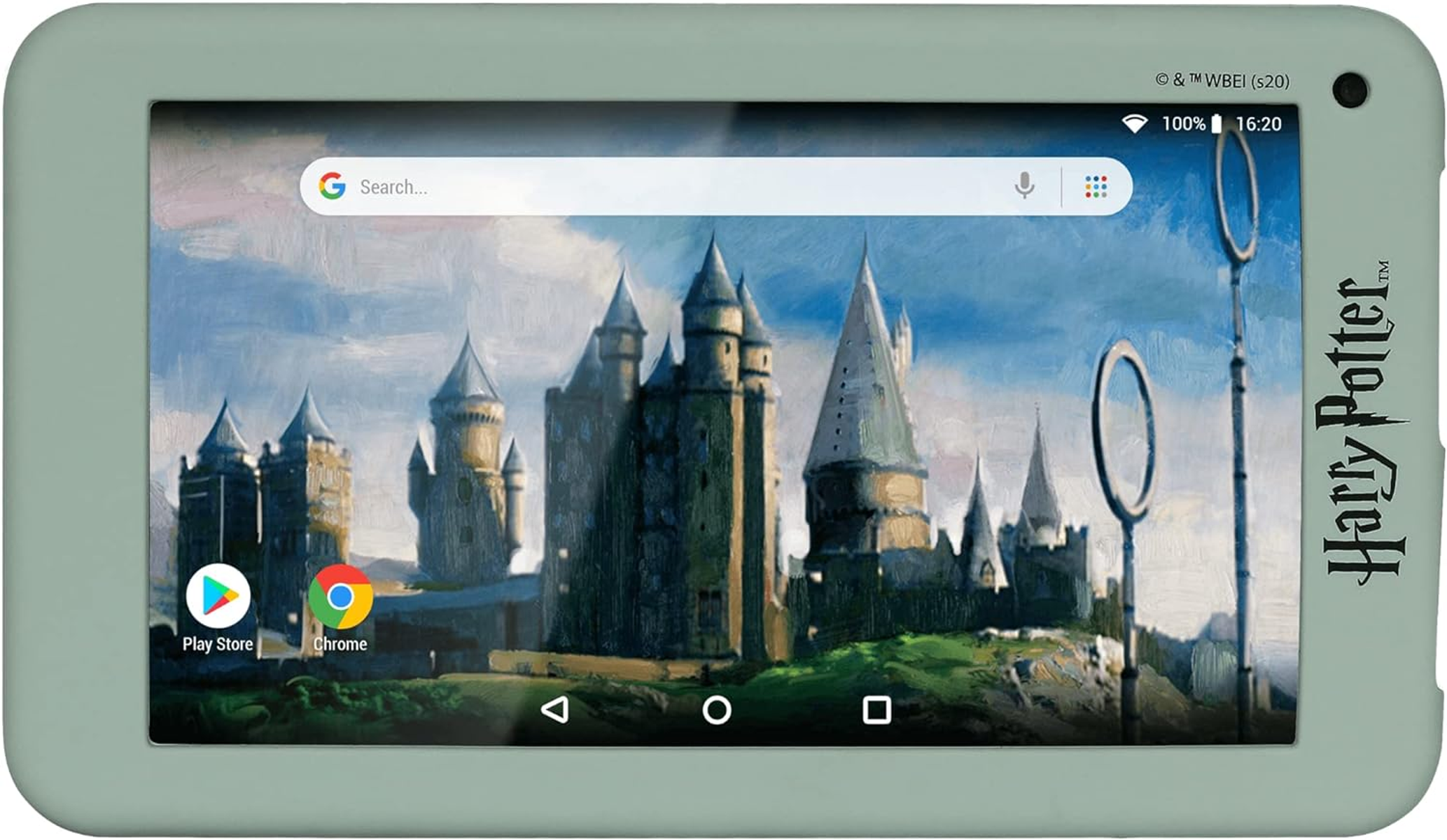 Tablet con scena di Harry Potter sullo schermo. Cornice verde. Icone Play Store e Chrome visibili.