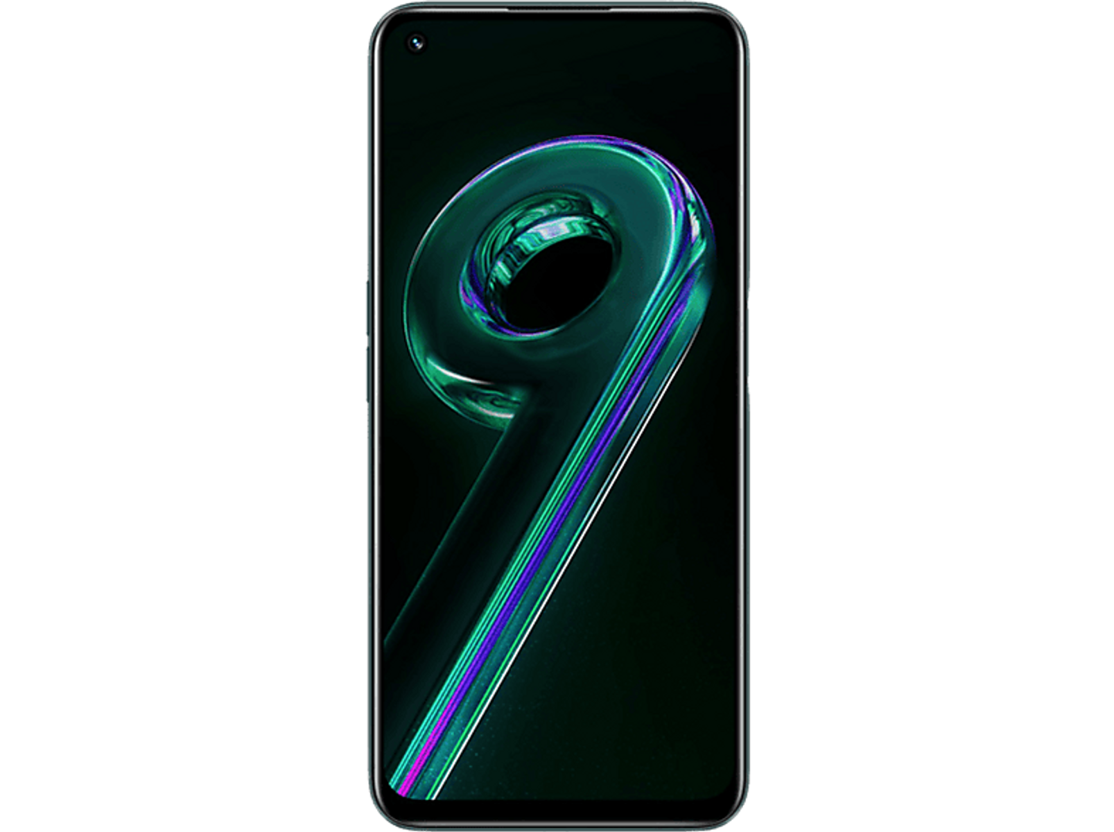 Een zwarte smartphone met een scherm dat een groen en paars abstract ontwerp toont.