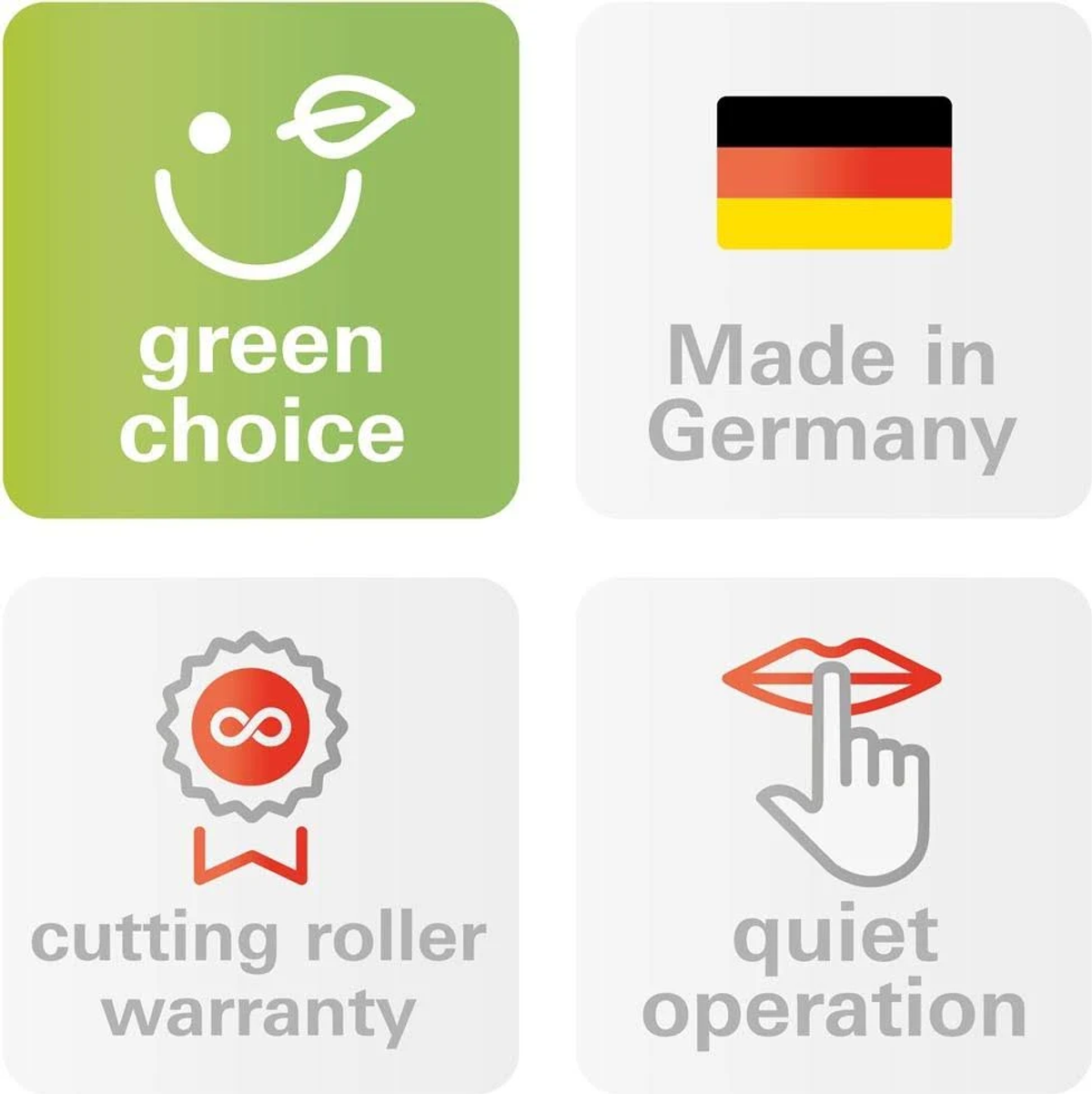 Vier Icons: grüne Wahl, Made in Germany, Schneidwalzen-Garantie und leiser Betrieb auf weißem Hintergrund.