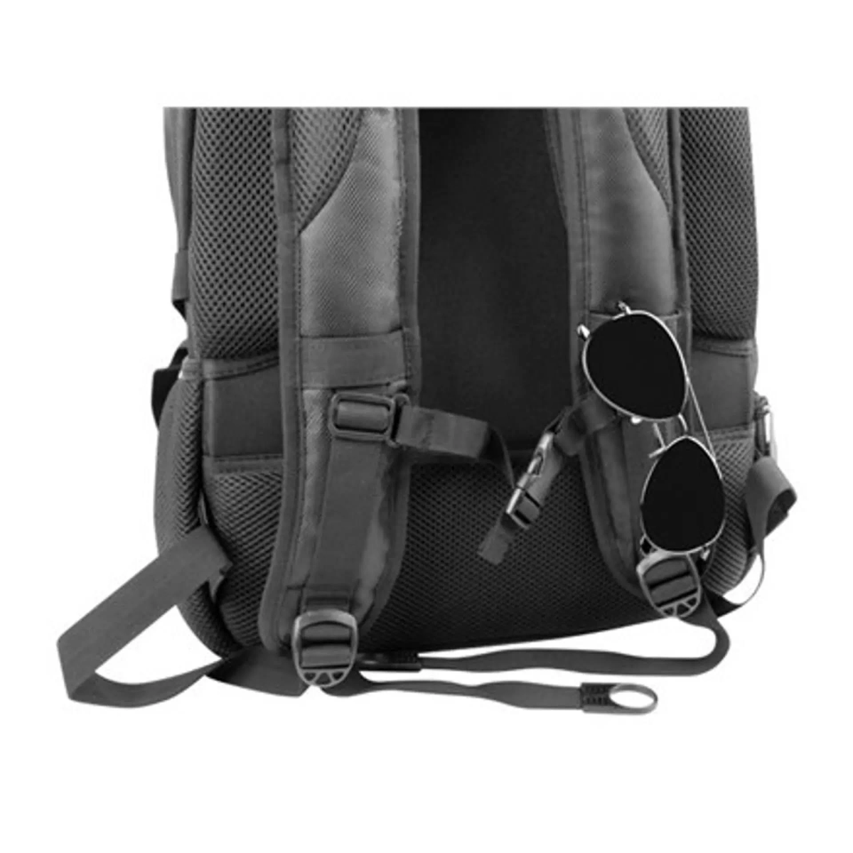 Rucksackgurte mit Sonnenbrille. Die Träger sind schwarz, und die Sonnenbrille ist an der Seite befestigt.