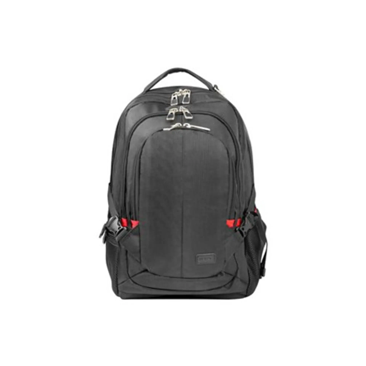 Schwarzer Rucksack, Vorderansicht, Reißverschlüsse sichtbar. Zwei Seitentaschen. Rote Akzente an den Seiten. Griff oben.