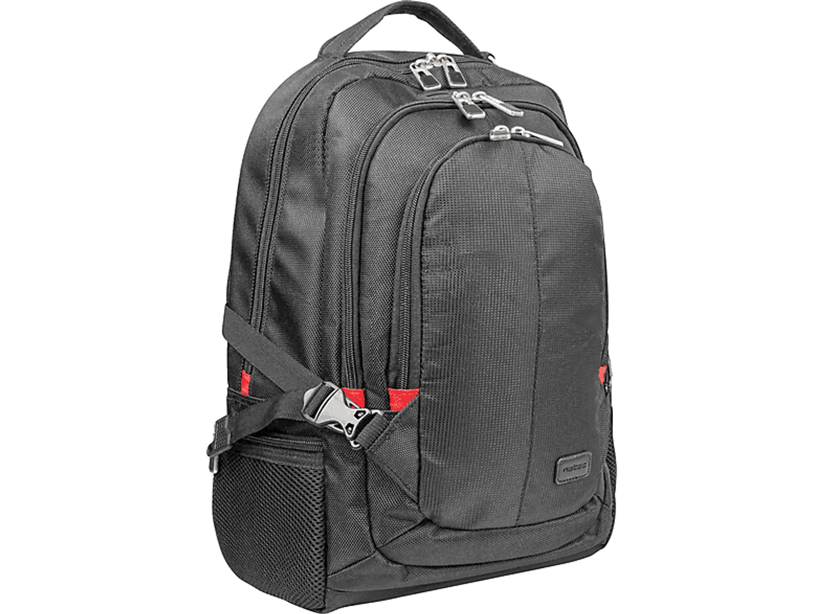 Schwarzer Rucksack mit roten Akzenten, Reißverschlüssen und Trägern. Es hat eine Schnalle und das Wort "ruxio".