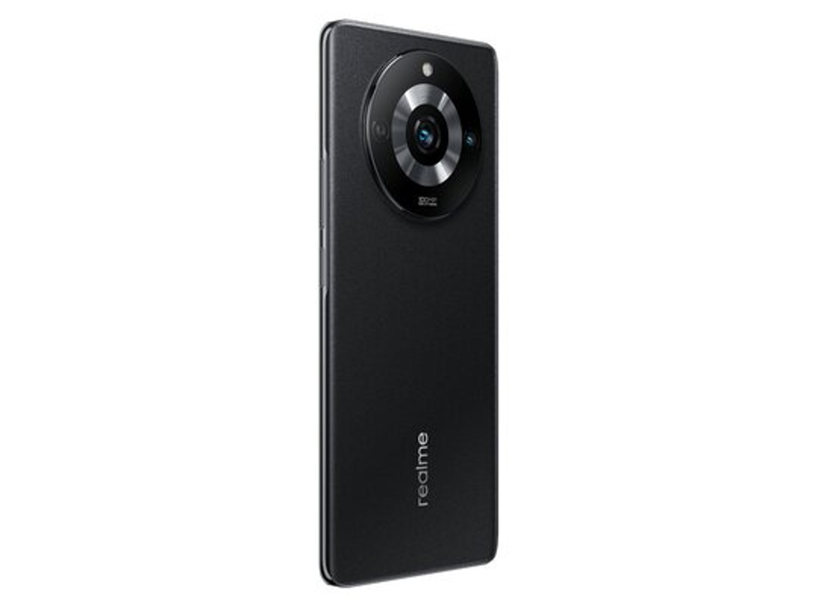 Smartphone negro con una lente de cámara prominente y el logo de Realme.