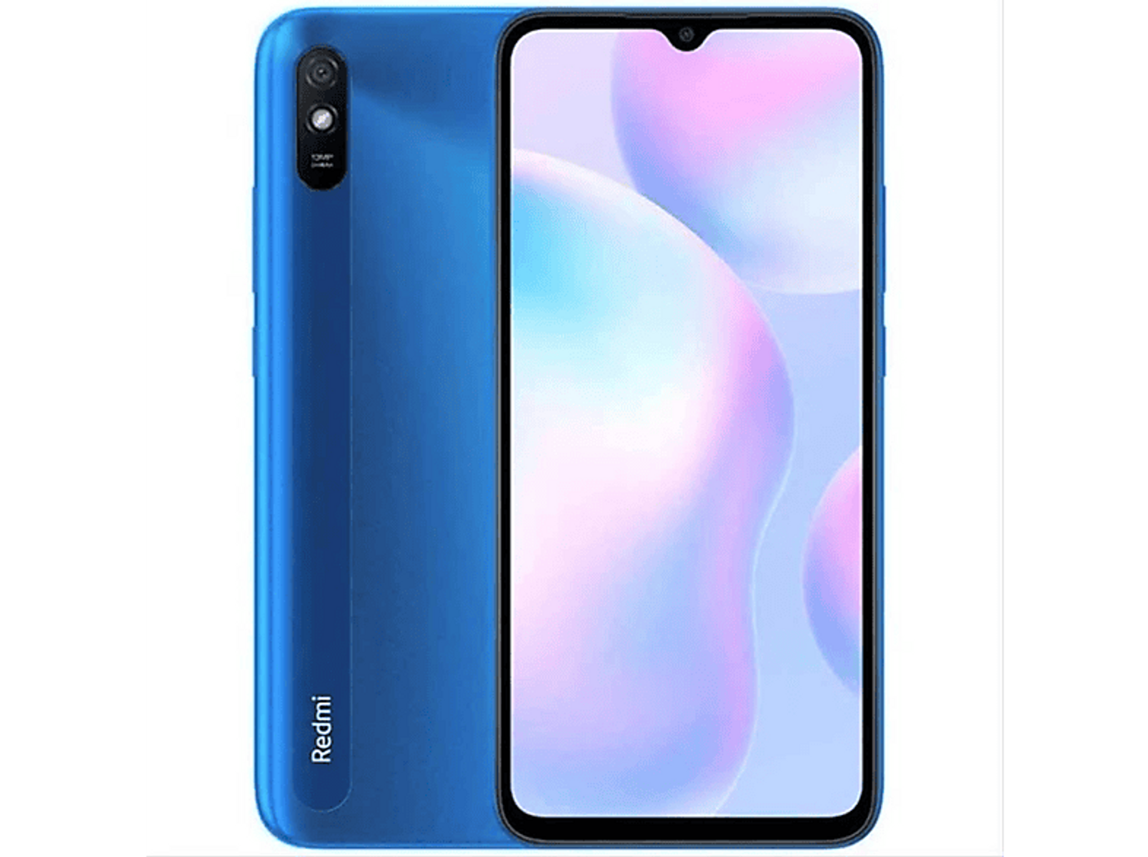 Niebieski smartfon Xiaomi Redmi, z podwójnym aparatem z tyłu i dużym wyświetlaczem z przodu.