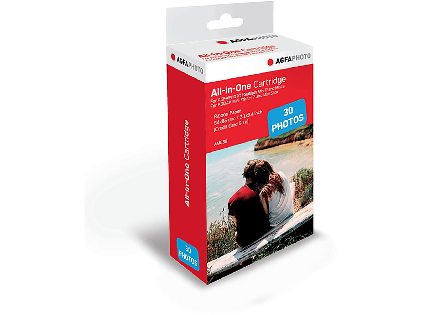Eine rot-weiße AGFA-Fotobox mit einem Bild eines Paares und Text auf der Verpackung.