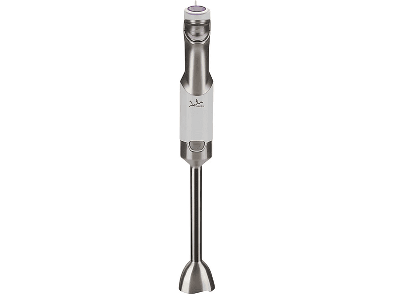 Se muestra una batidora de mano blanca y plateada, con la marca Jata Electro.