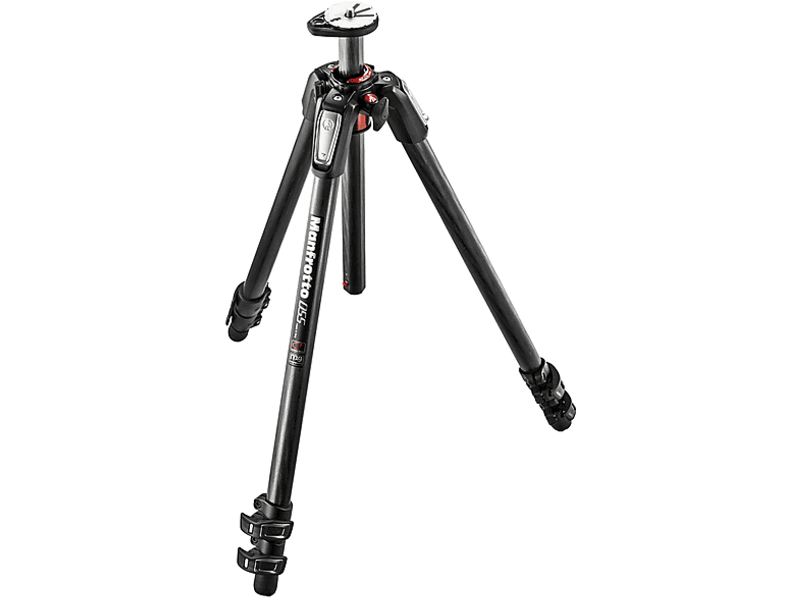 Czarny statyw z etykietą Manfrotto. Ma trzy nogi i głowicę do mocowania aparatu.