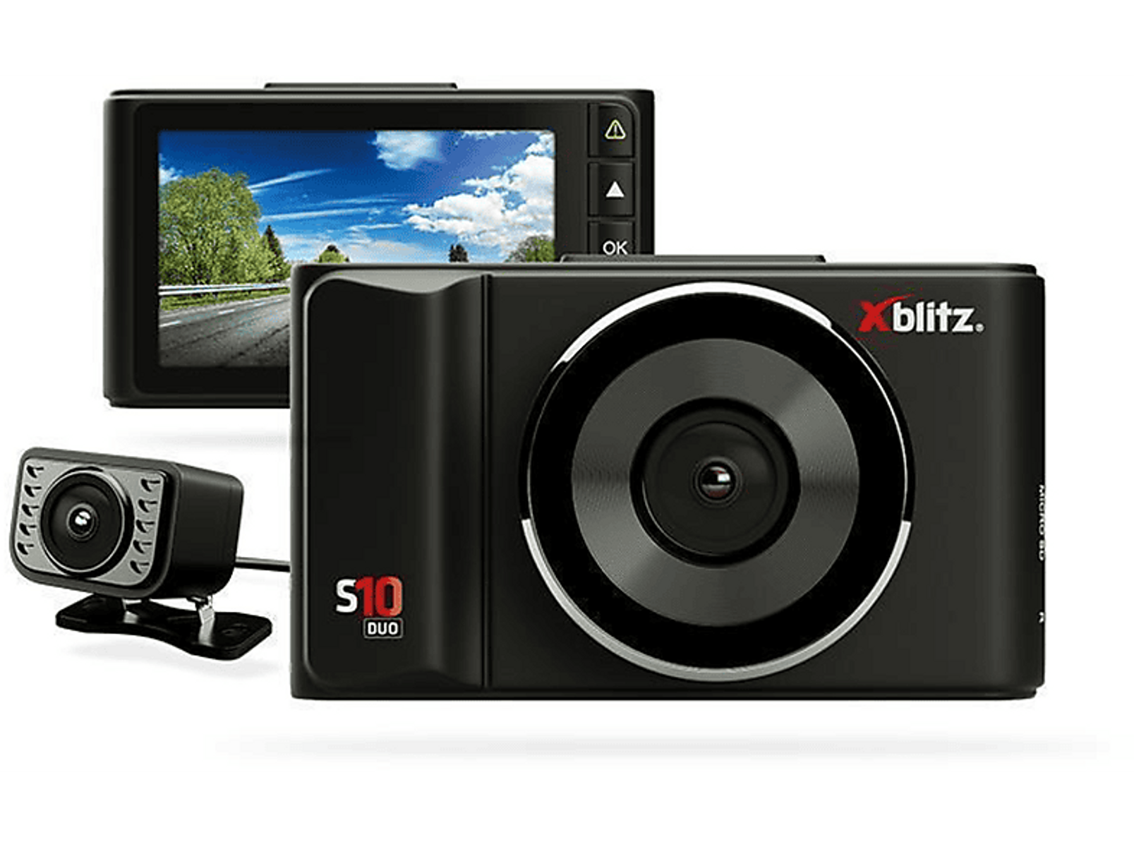 Schwarze X-blitz S10 Duo Dashcam mit Bildschirm und zusätzlicher Kamera, weißer Hintergrund.