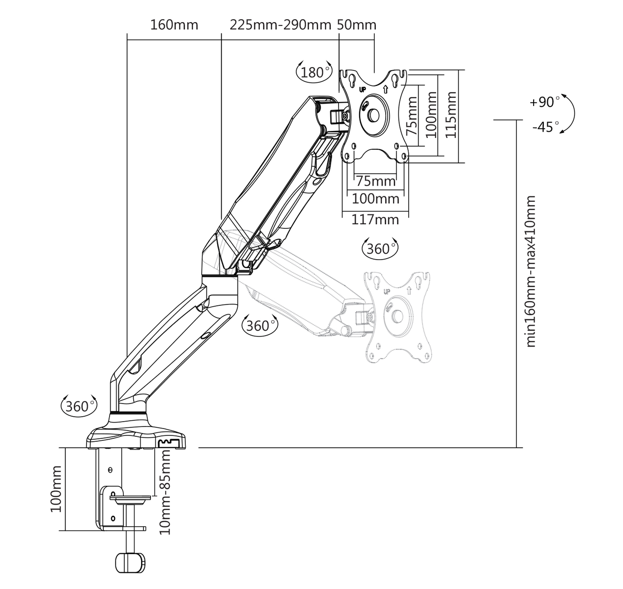 Diagramm einer Monitorhalterung mit Bemaßungen und Winkeln in Schwarz beschriftet.
