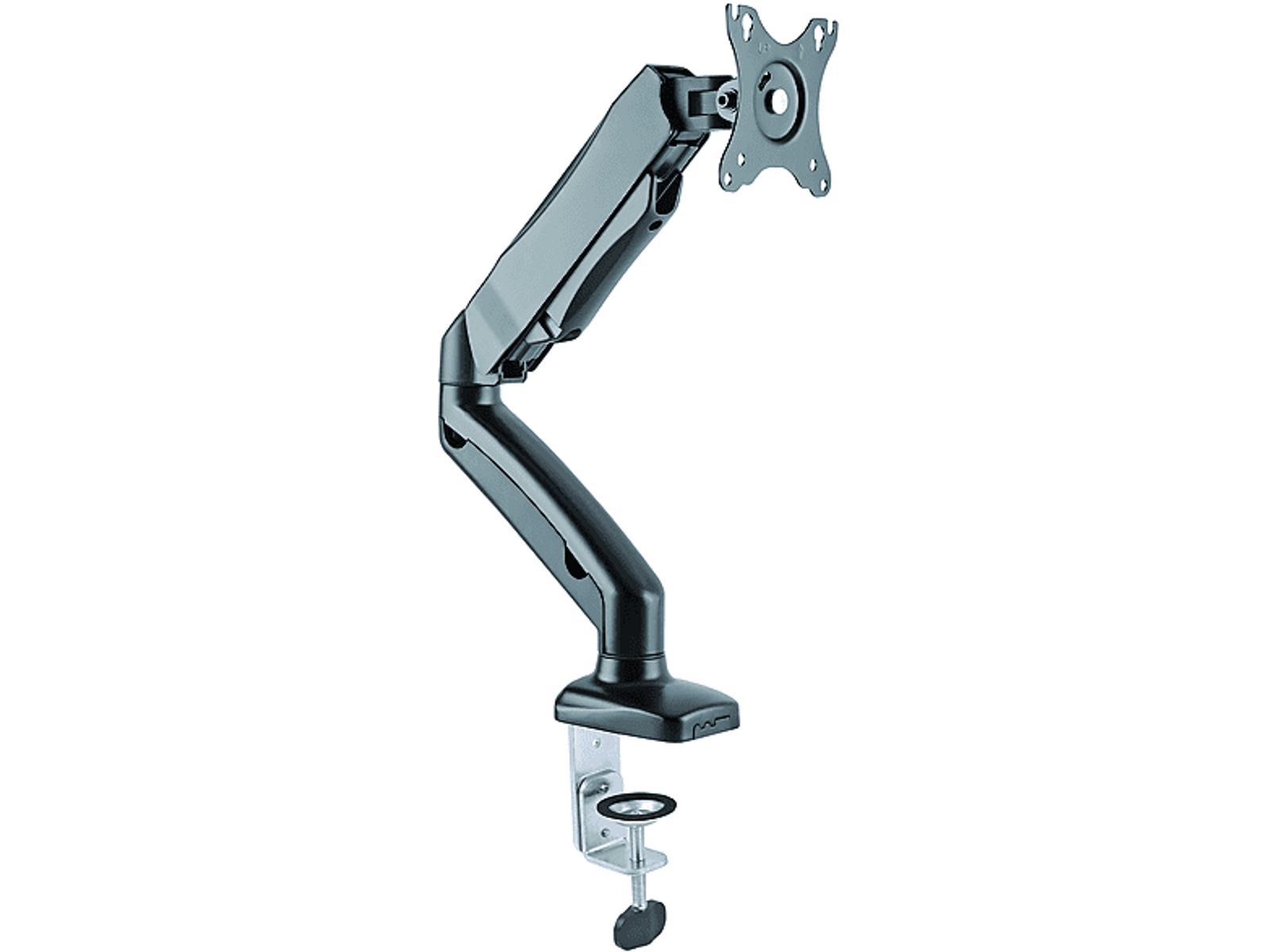 Schwarzer Monitorarm an einer Klemme befestigt, mit silberner Basis. Der Arm ist verstellbar und trägt den Monitor.