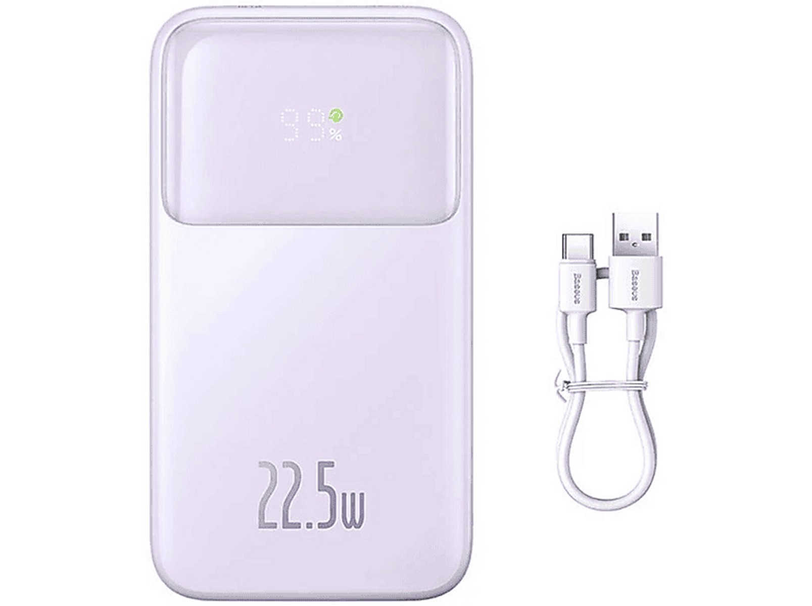 Biały power bank z wyświetlaczem pokazującym 99% i kablem USB.