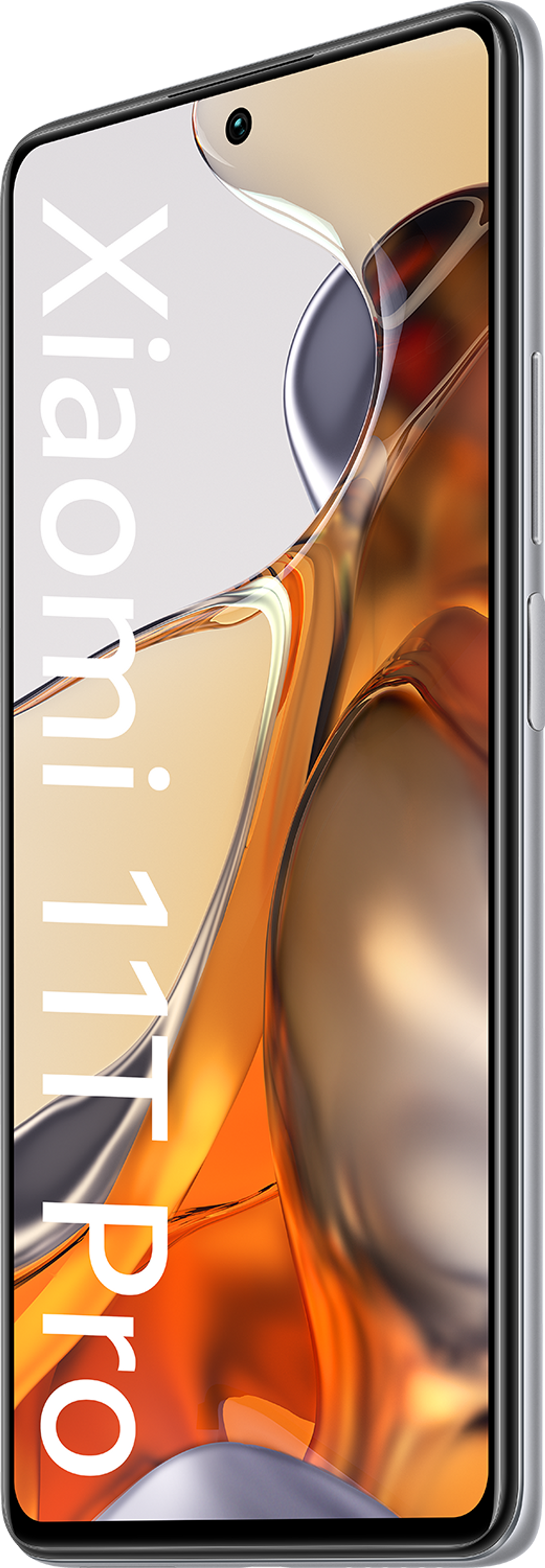 Smartfon Xiaomi 11T Pro, widok z boku, srebrny kolor, białe tło.