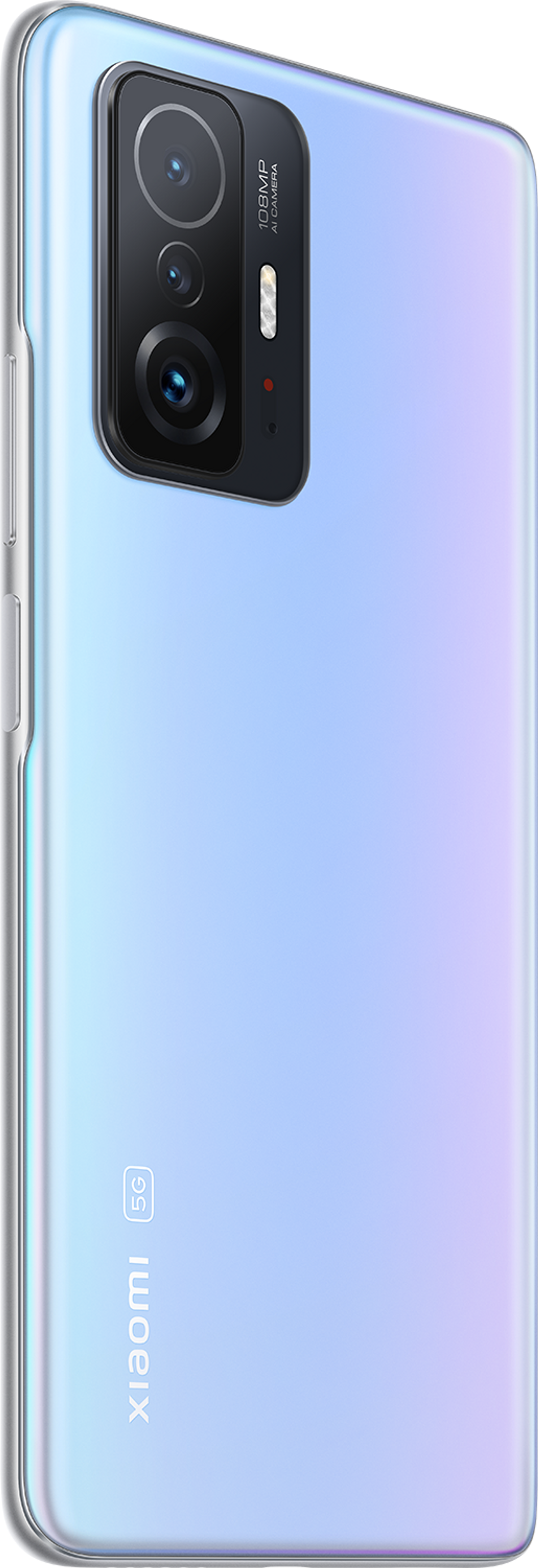 Jasnoniebieski telefon z potrójnym aparatem. Nazwa marki to Xiaomi. Wskazane 5G.