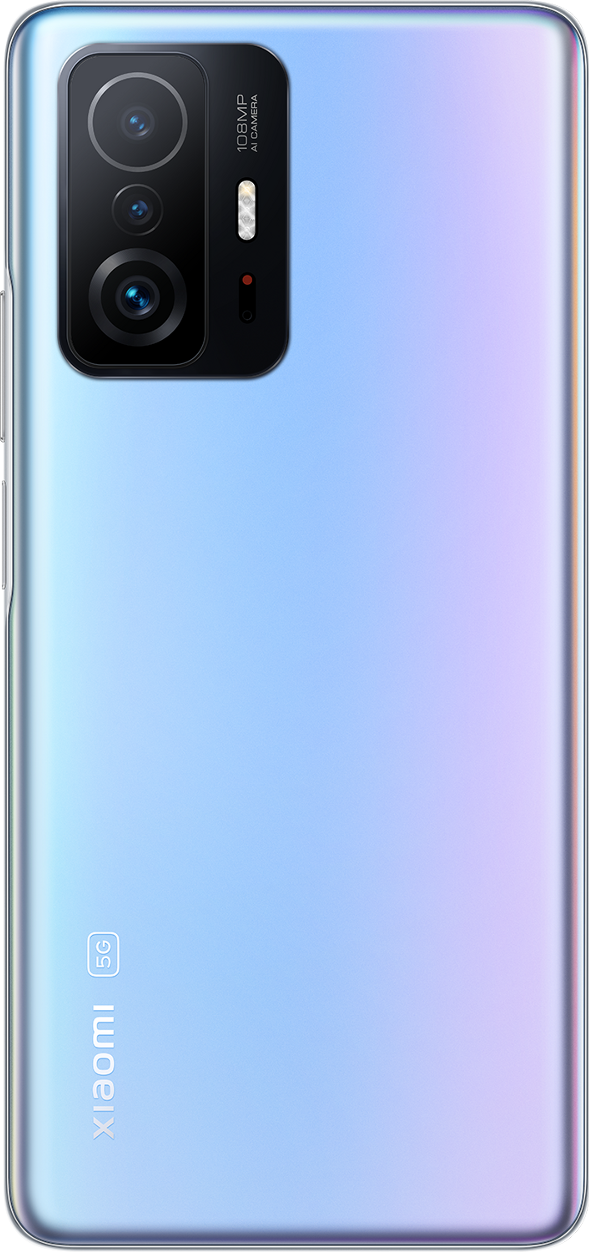 Jasnoniebieski telefon Xiaomi z potrójnym aparatem i logo 5G.