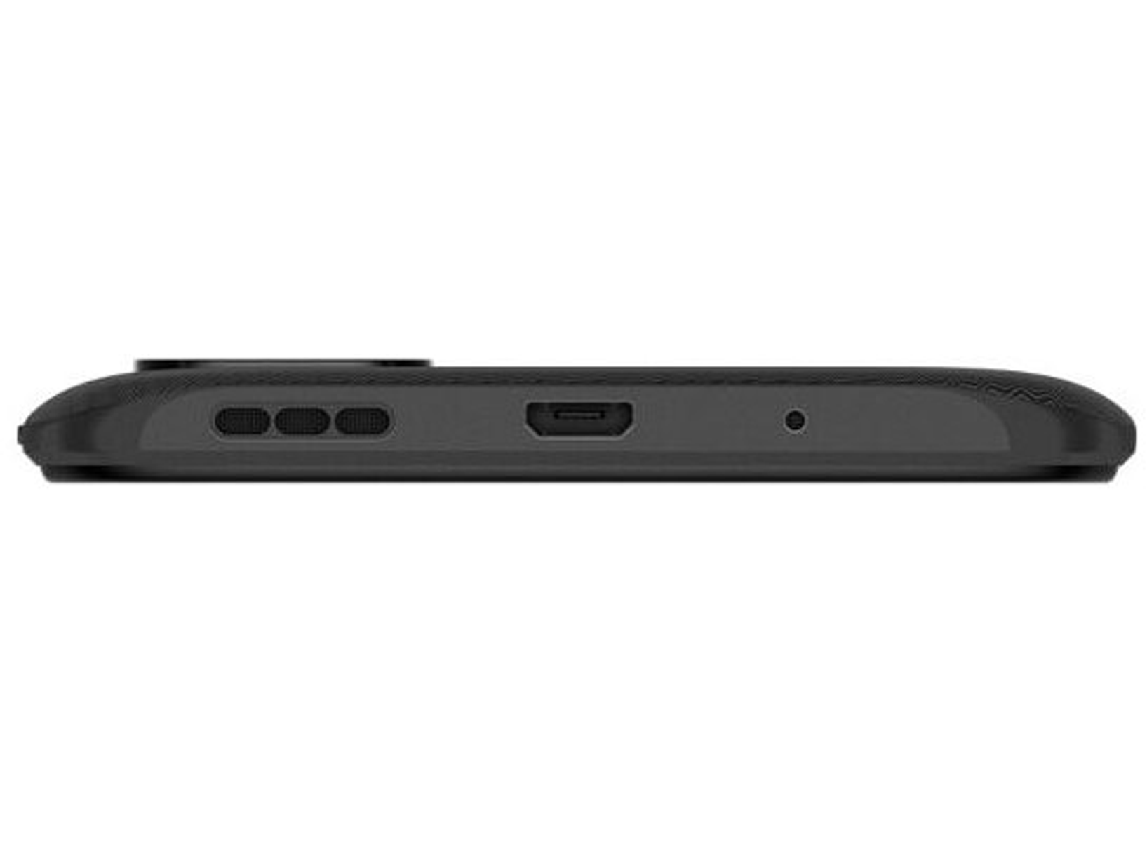 Vista inferiore del telefono nero, con porte e altoparlanti. Sfondo bianco.