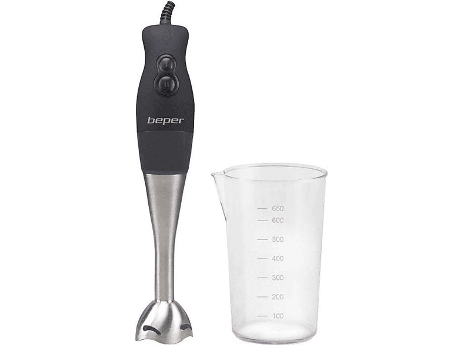 Schwarzer Stabmixer mit Becher. Der Mixer hat einen schwarzen Griff und eine Metallklinge.