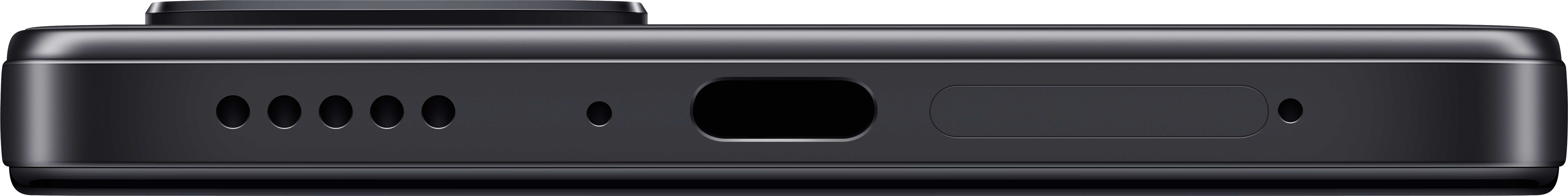 Dół czarnego telefonu. Ma otwory na głośniki, port ładowania i otwór na mikrofon.