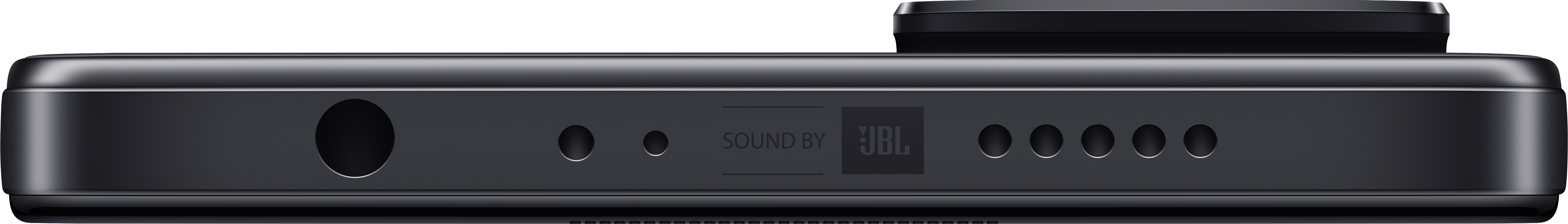 Widok z dołu czarnego telefonu pokazujący głośniki, port ładowania i logo JBL.