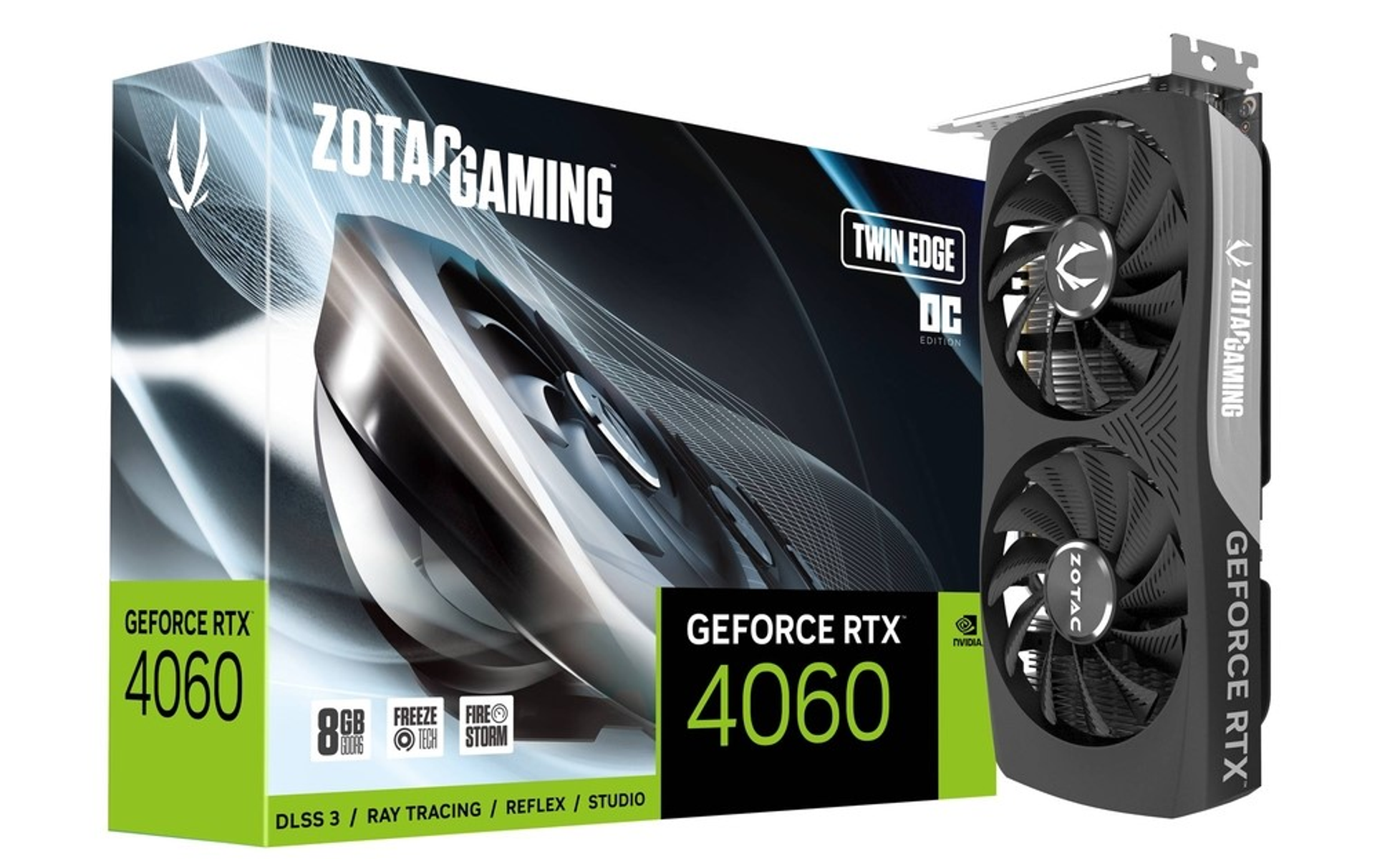 Scatola e scheda grafica ZOTAC GAMING GeForce RTX 4060 su sfondo bianco.
