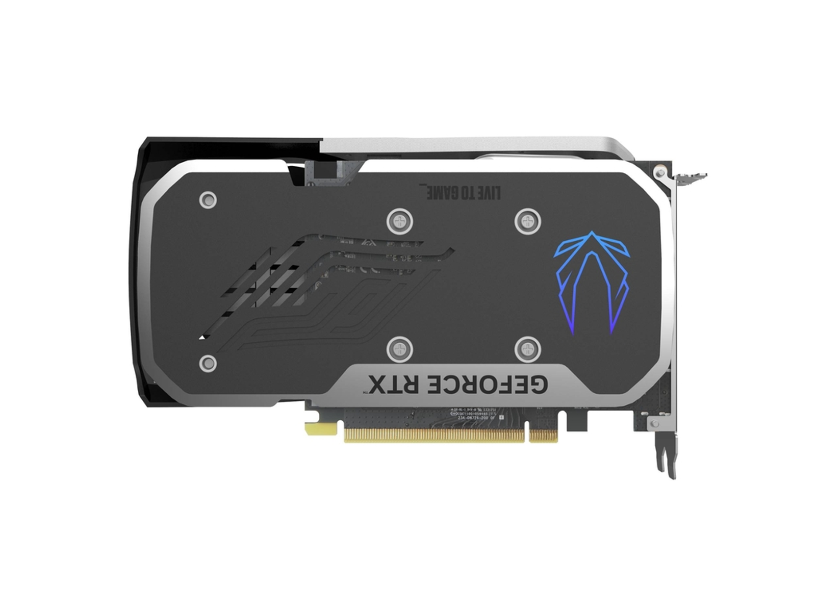 Scheda grafica. Design nero e argento. Logo Zotac e testo GeForce RTX.