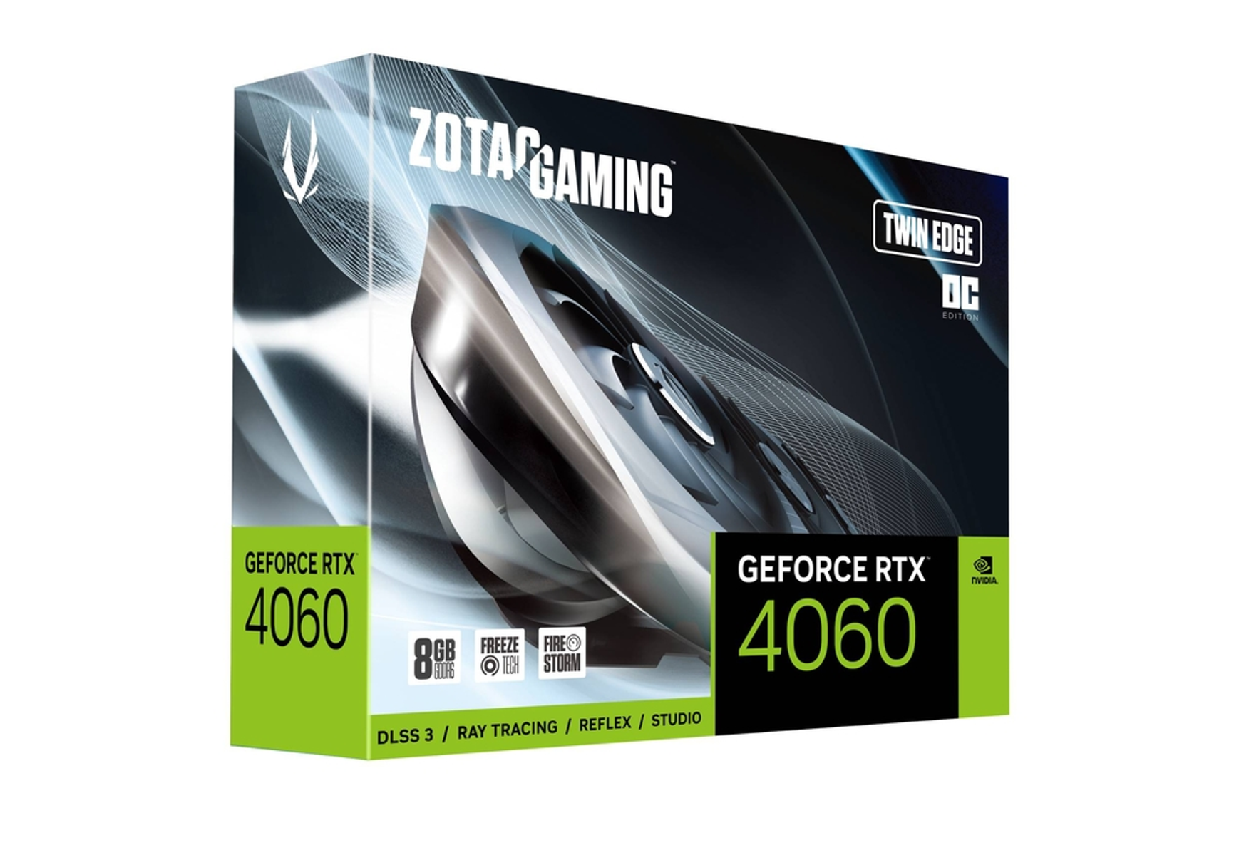 Una scatola con il testo "ZOTAC GAMING", una scheda grafica e "GEFORCE RTX 4060".