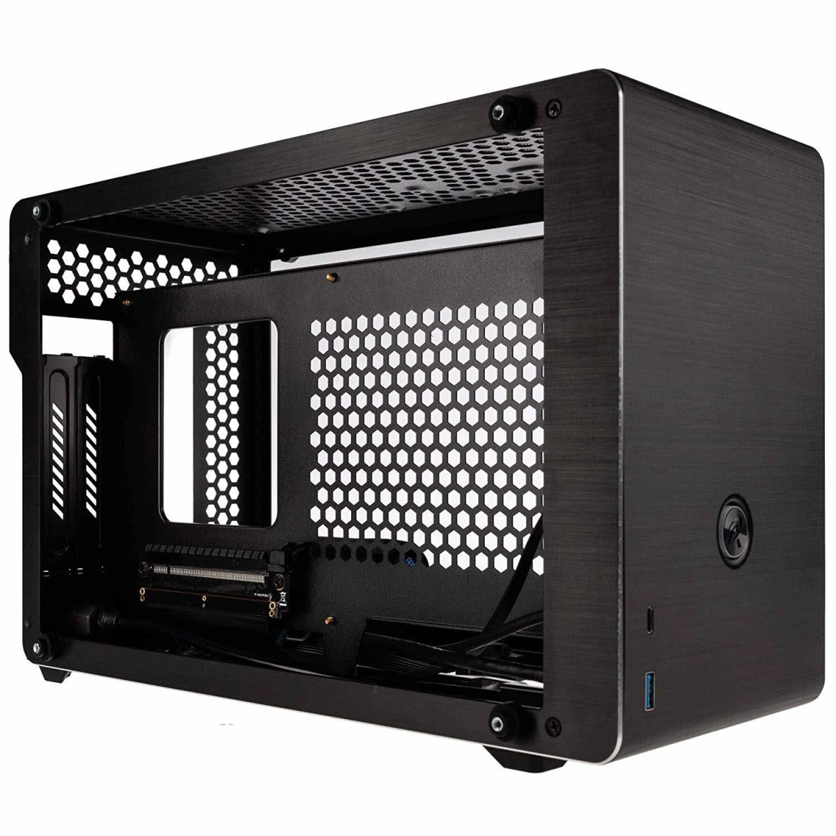 Case per computer nero con ventilazione a nido d'ape, lato aperto e pulsante di accensione.