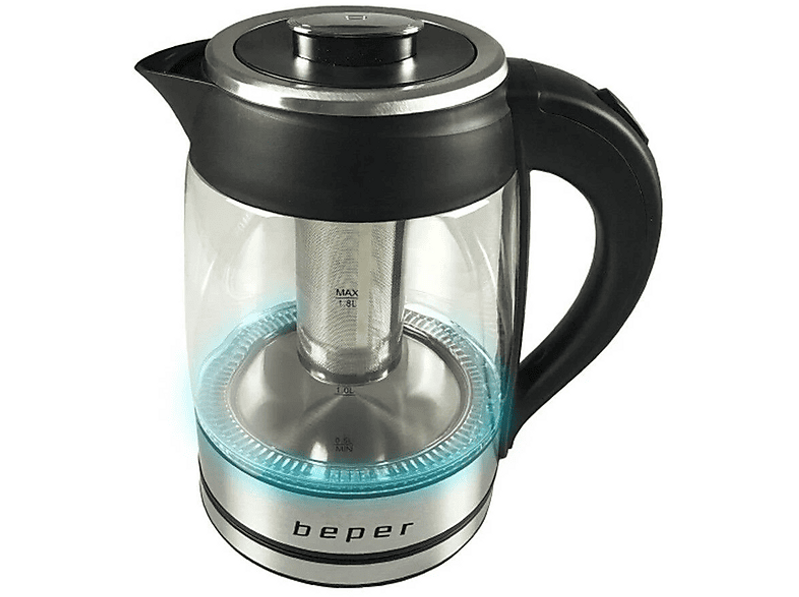 Szklany czajnik elektryczny ze stalową podstawą, czarnym uchwytem i niebieskim światłem.