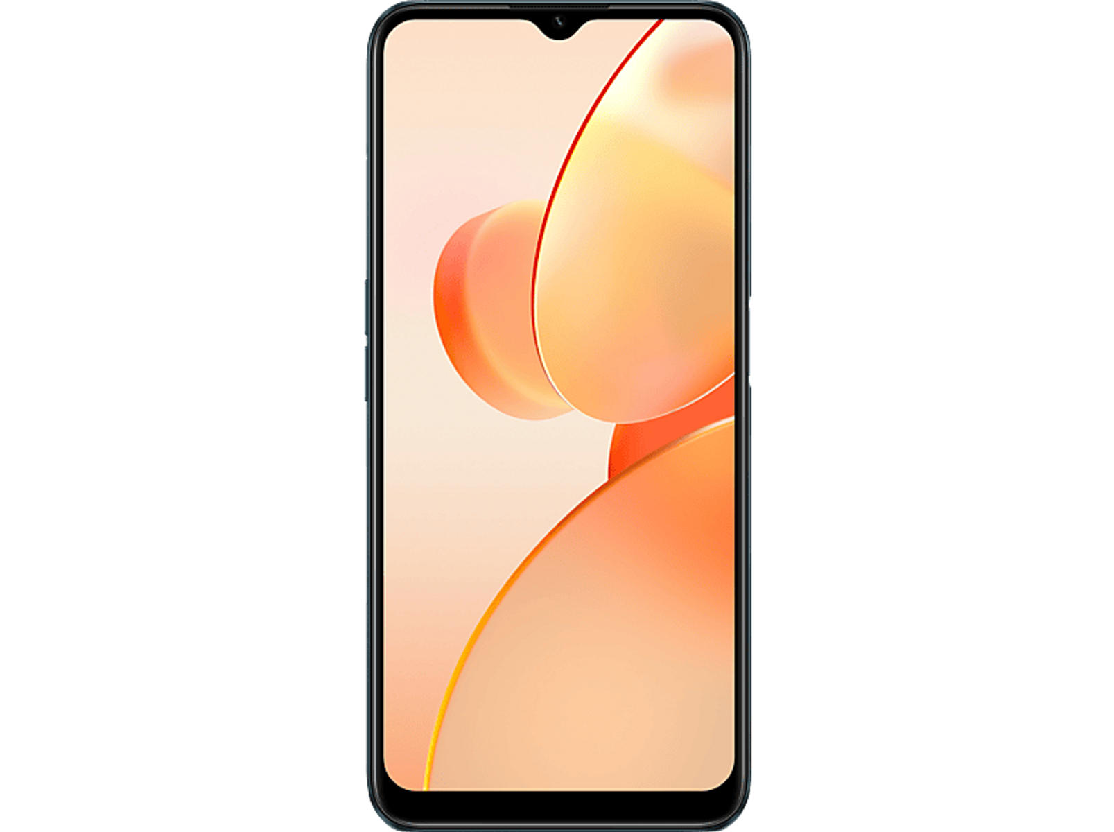 Un teléfono móvil con marco negro y una pantalla completa de formas abstractas naranjas y amarillas sobre un fondo negro.