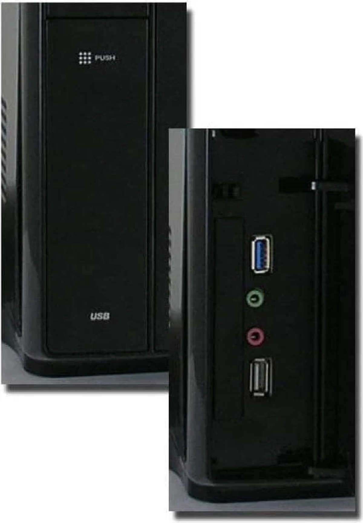 Two images of a black computer case. Shows the front with USB ports and a side with additional ports.
