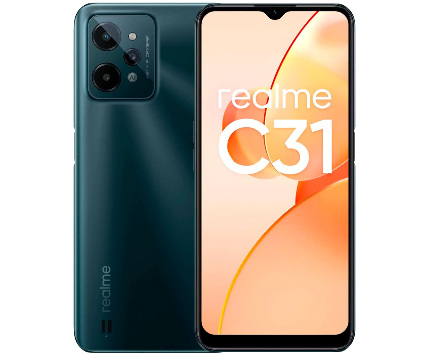 Smartphone turquesa, Realme C31 en pantalla. Cámaras duales, gráficos naranja y crema.