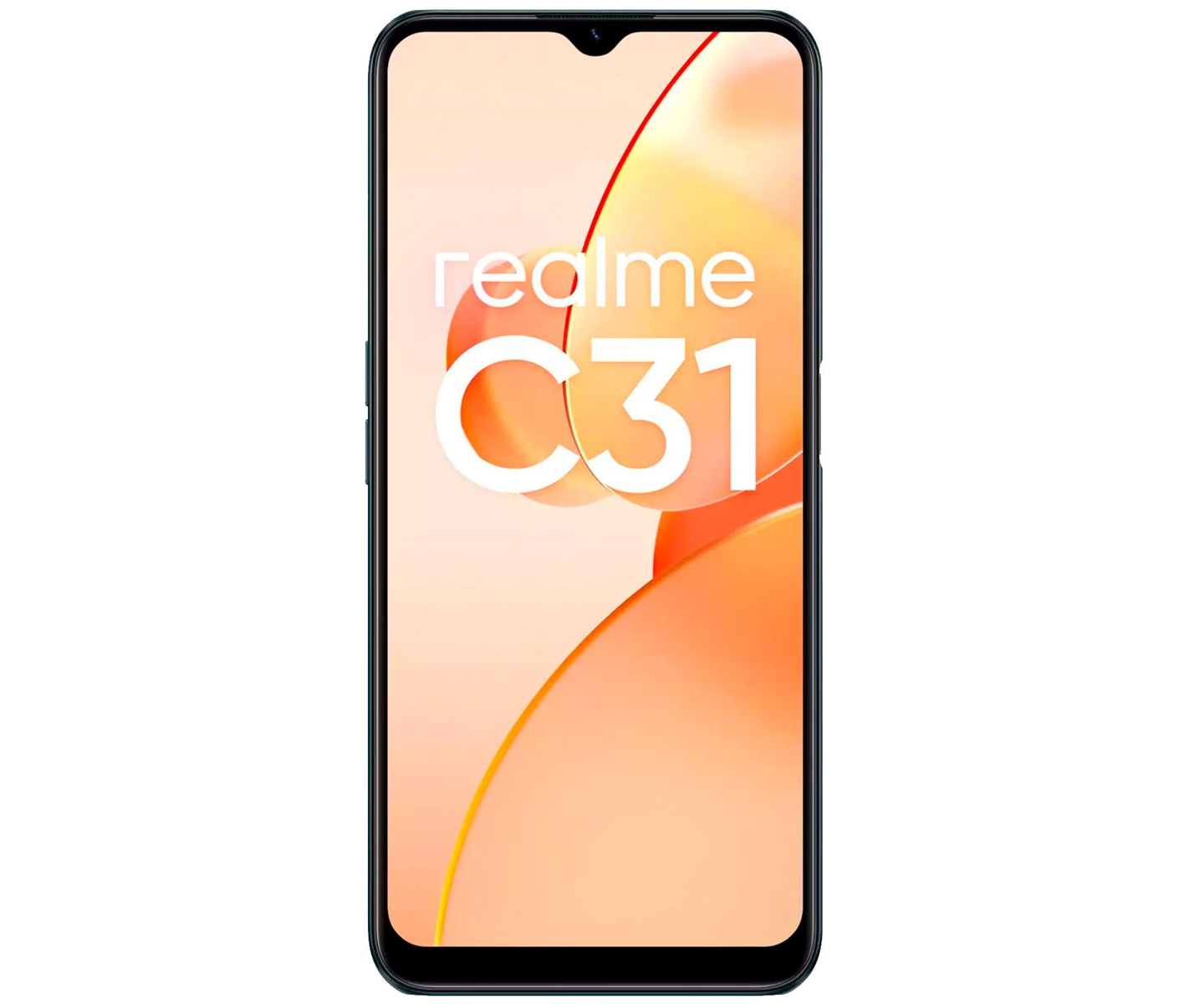 Smartphone Realme C31, marco negro, con fondo color melocotón en la pantalla.