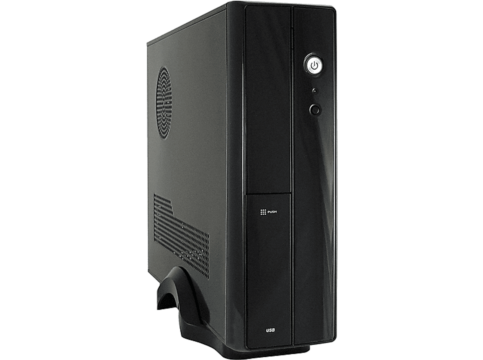 Black computer case with a power button on a black base.