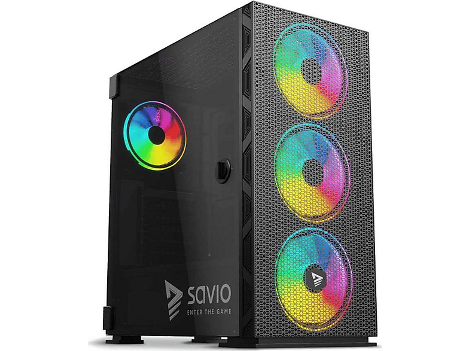 Czarna obudowa komputera z wentylatorami RGB, szklanym panelem bocznym.