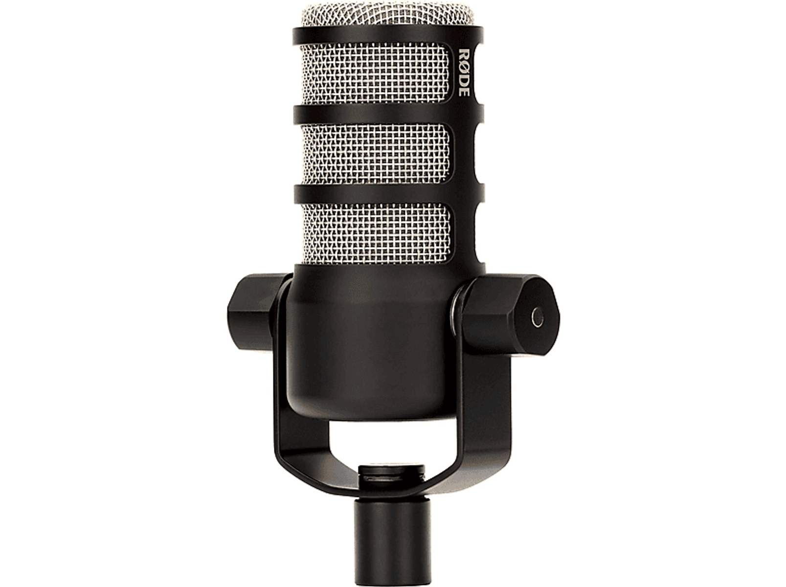 Czarny mikrofon z siatkową osłoną i statywem. Widoczna nazwa marki.