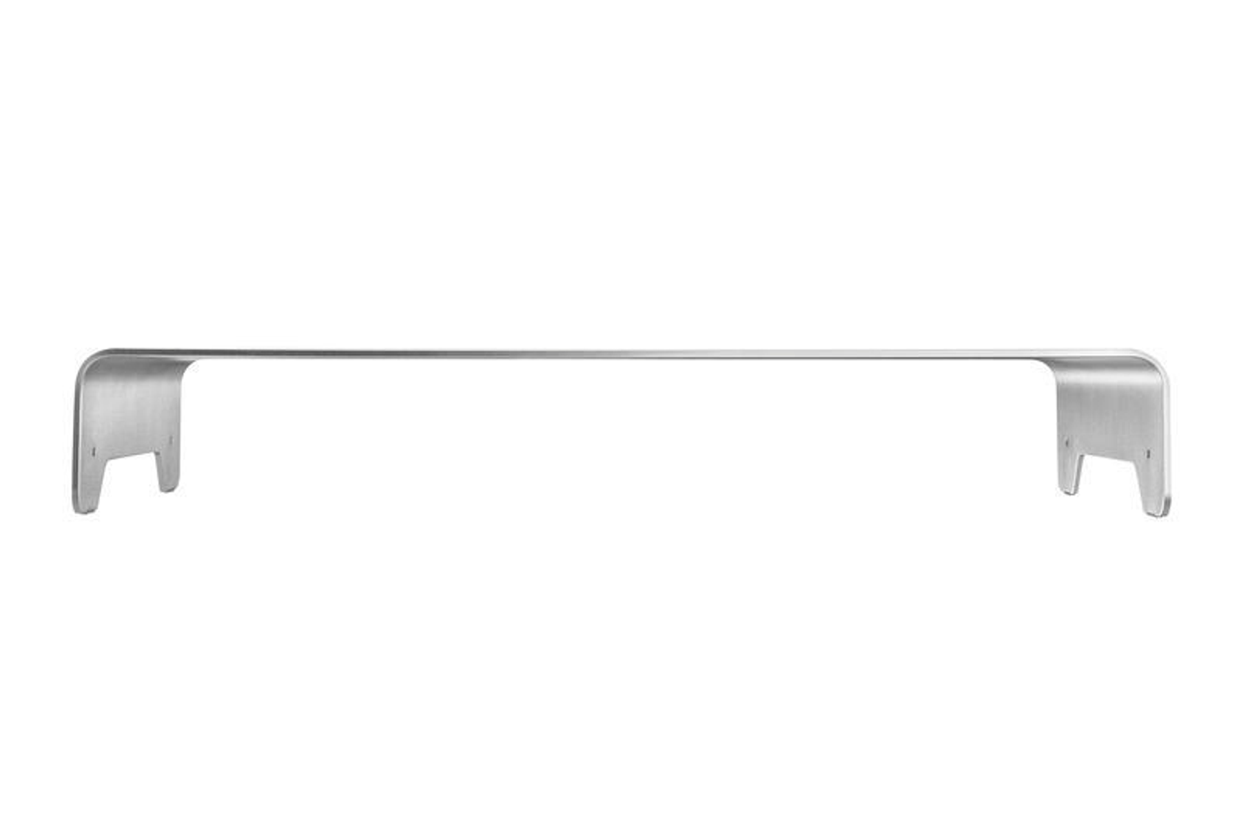 Długi, zakrzywiony metalowy pręt, prawdopodobnie wieszak na ręczniki, na białym tle.