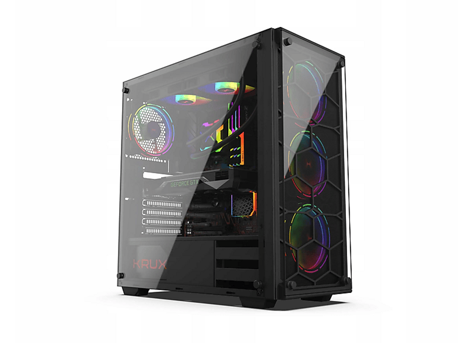 Een zwarte computerkast met een glazen zijpaneel. Binnenin zitten verschillende componenten met kleurrijke lichten.