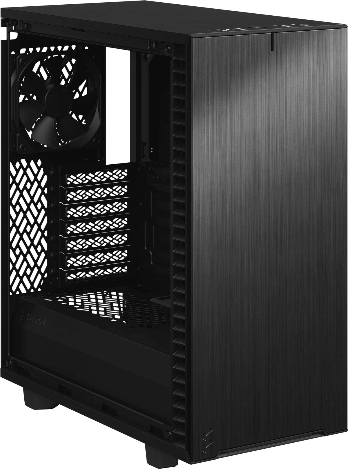 Case per computer nero con pannello laterale aperto, ventola interna e dettagli in rete.