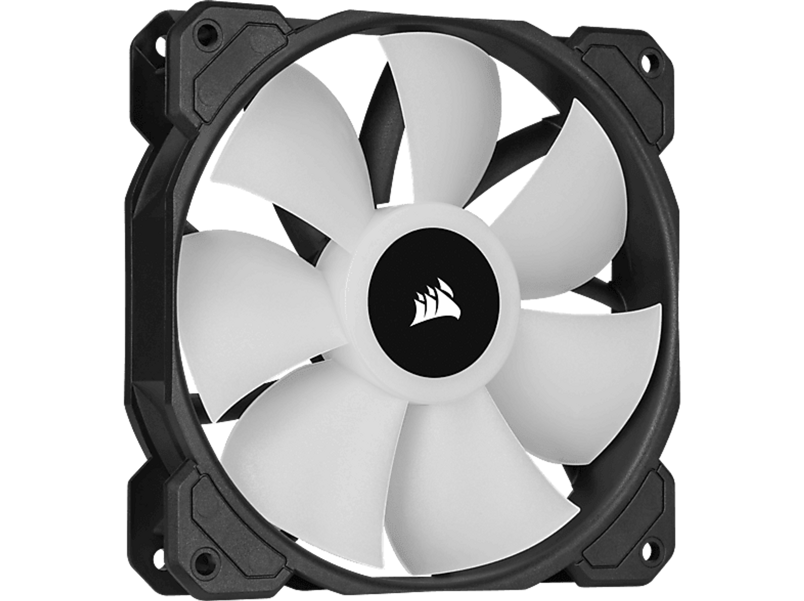 Czarny wentylator komputerowy z białymi łopatkami i centralnym logo.